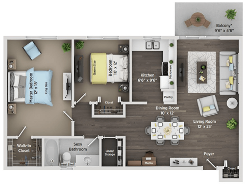 Floor plan for 2 beds, 1 bath, 950 sqft
